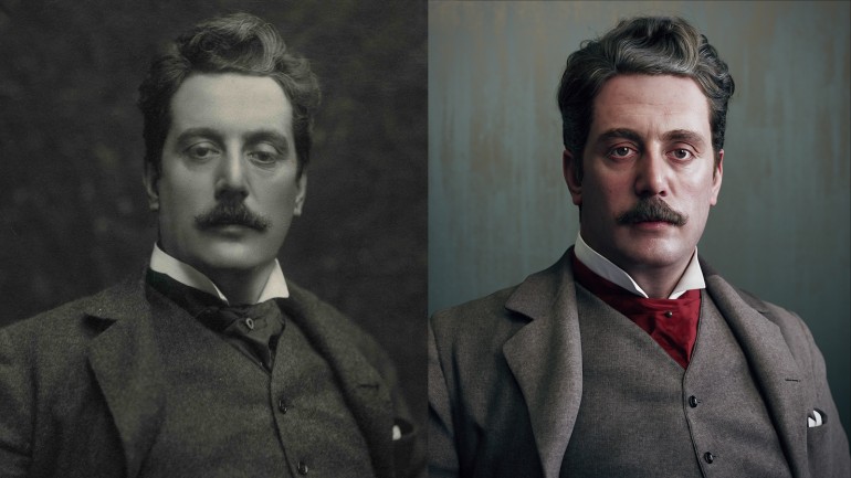 Left: Giacomo Puccini in 1900 © Archivio Storico Ricordi, Right: Artwork by Hadi Karimi and Leila Khalili © Bertelsmann